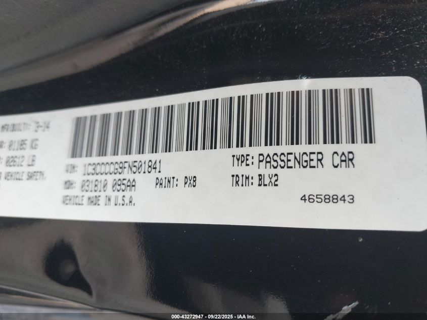 2015 Chrysler 200 C VIN: 1C3CCCCG9FN501841 Lot: 43272947