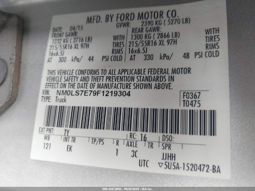 2015 Ford Transit Connect Xl VIN: NM0LS7E79F1219304 Lot: 43272950