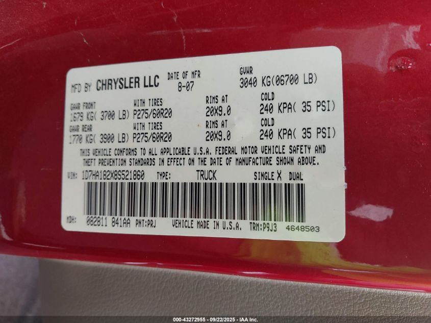 2008 Dodge Ram 1500 Slt VIN: 1D7HA182X8S521860 Lot: 43272955