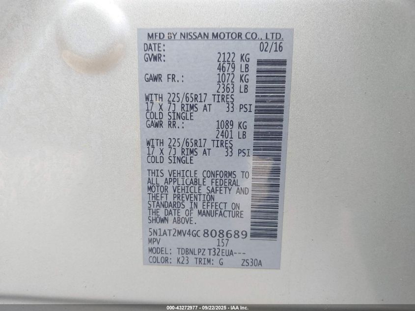 2016 Nissan Rogue S/Sl/Sv VIN: 5N1AT2MV4GC808689 Lot: 43272977