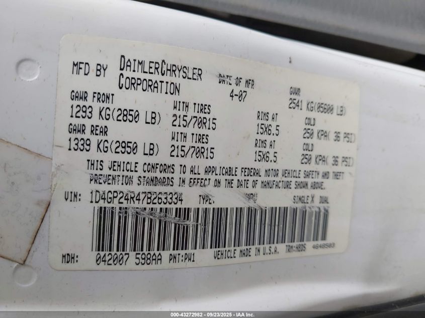 2007 Dodge Grand Caravan Se VIN: 1D4GP24R47B263334 Lot: 43272982