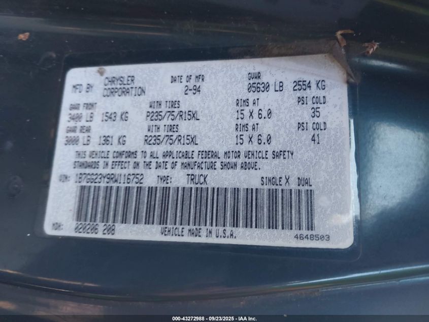1994 Dodge Dakota VIN: 1B7GG23Y9RW116752 Lot: 43272988