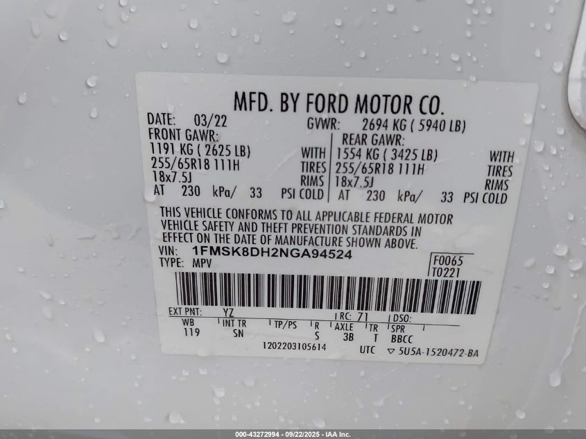 2022 Ford Explorer Xlt VIN: 1FMSK8DH2NGA94524 Lot: 43272994