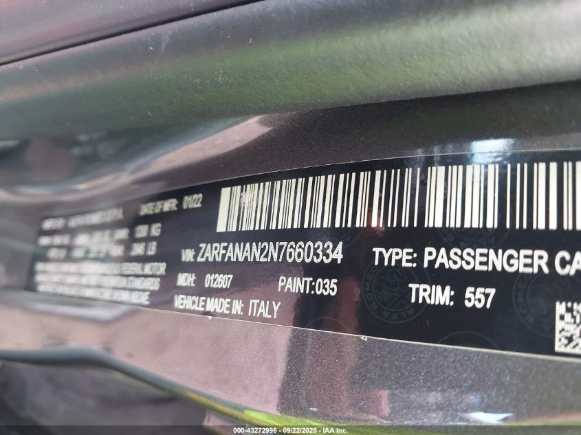 2022 Alfa Romeo Giulia Sprint Awd VIN: ZARFANAN2N7660334 Lot: 43272996