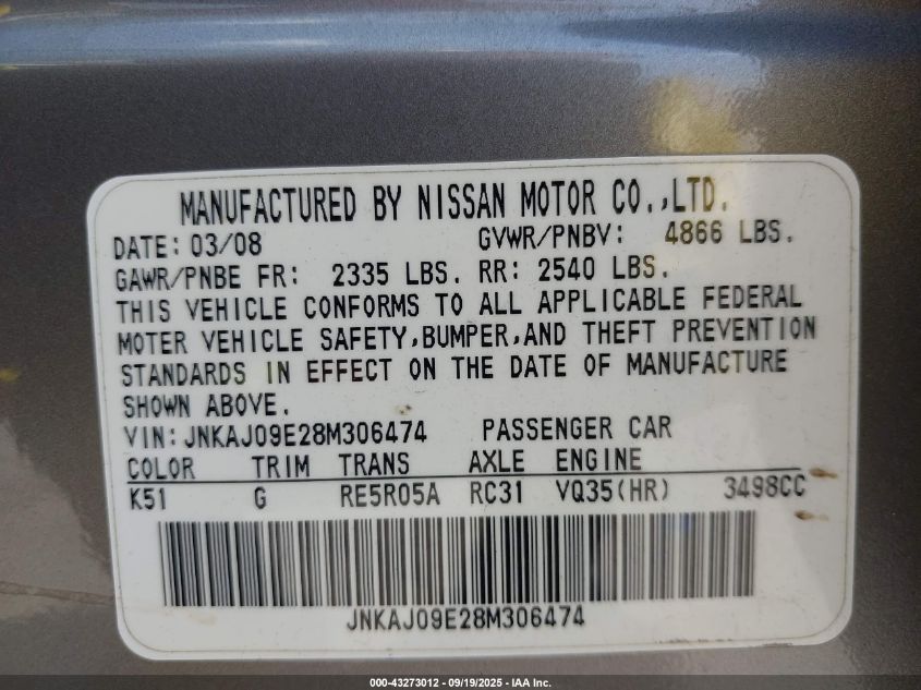 2008 Infiniti Ex35 Journey VIN: JNKAJ09E28M306474 Lot: 43273012