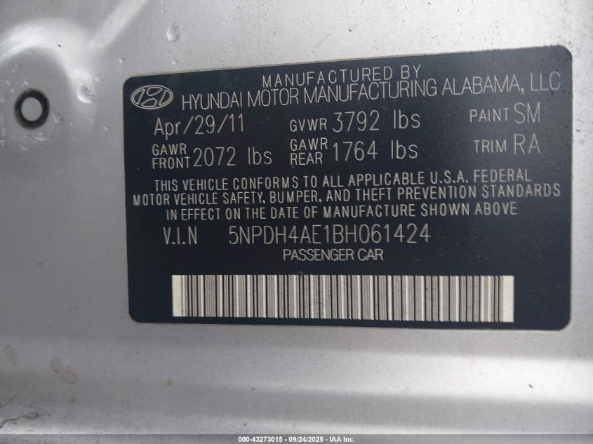 2011 Hyundai Elantra Gls VIN: 5NPDH4AE1BH061424 Lot: 43273015