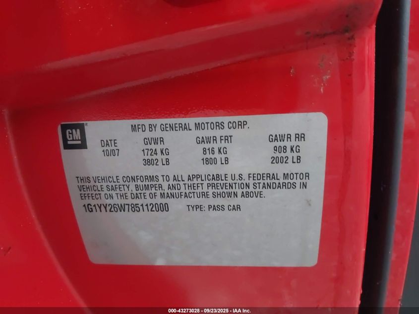 2008 Chevrolet Corvette VIN: 1G1YY26W785112000 Lot: 43273028