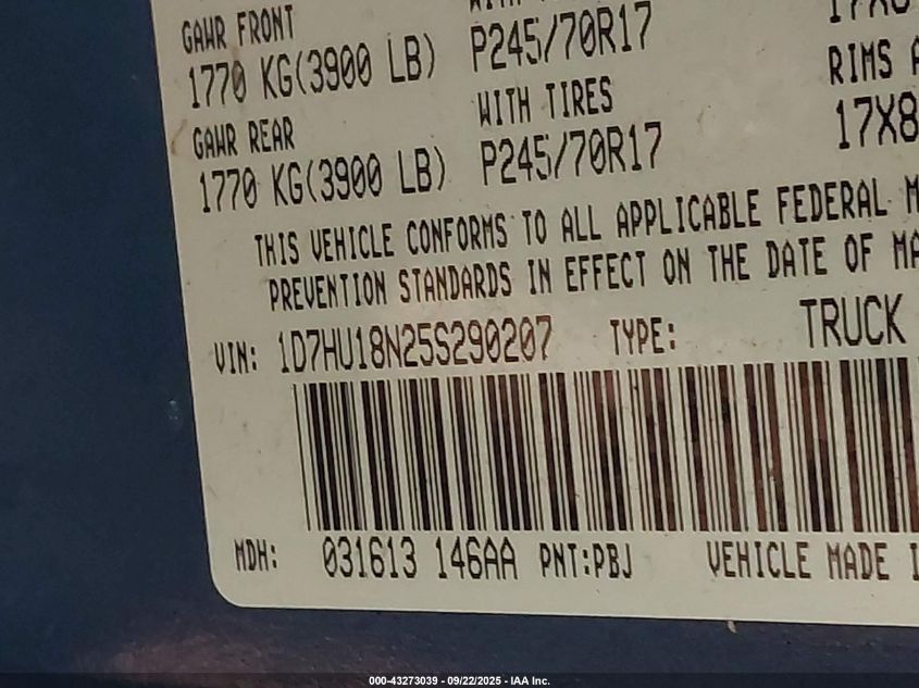 2005 Dodge Ram 1500 Slt/Laramie VIN: 1D7HU18N25S290207 Lot: 43273039