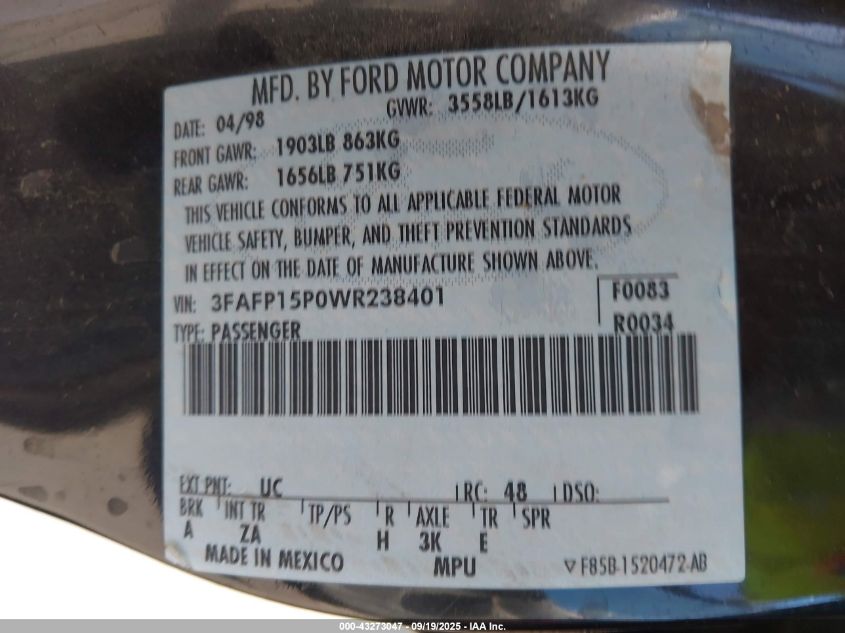 1998 Ford Escort Se VIN: 3FAFP15P0WR238401 Lot: 43273047