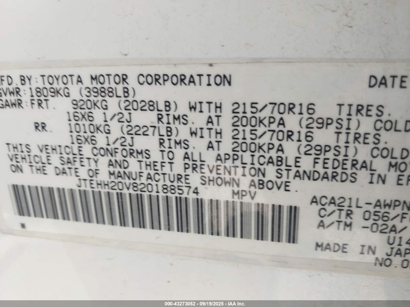 2002 Toyota Rav4 VIN: JTEHH20V820188574 Lot: 43273052