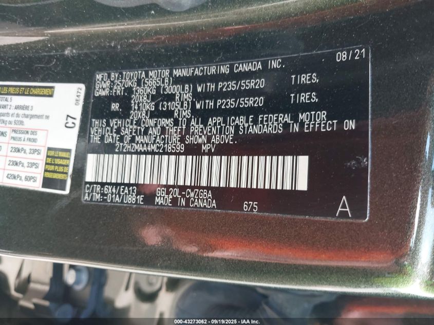 2021 Lexus Rx 350 VIN: 2T2HZMAA4MC218599 Lot: 43273062