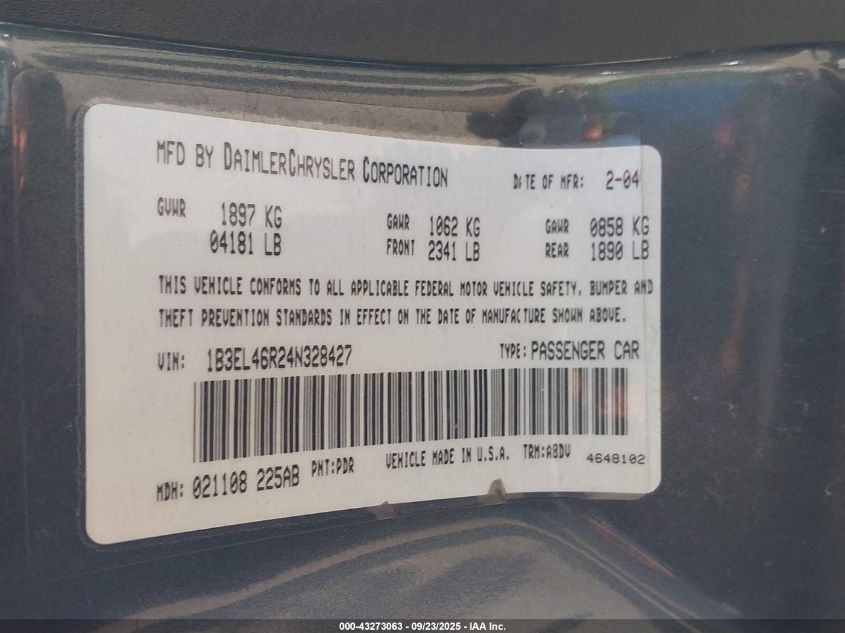 2004 Dodge Stratus Sxt VIN: 1B3EL46R24N328427 Lot: 43273063