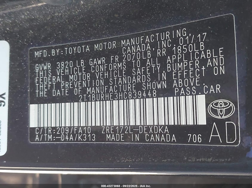 2017 Toyota Corolla L VIN: 2T1BURHE3HC839448 Lot: 43273068