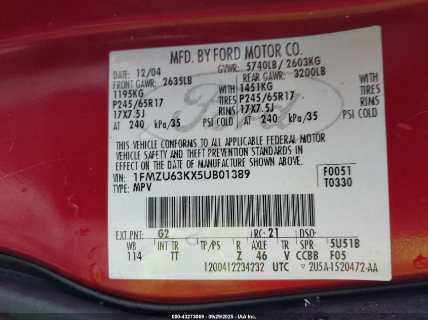 2005 Ford Explorer Xlt/Xlt Sport VIN: 1FMZU63KX5UB01389 Lot: 43273069
