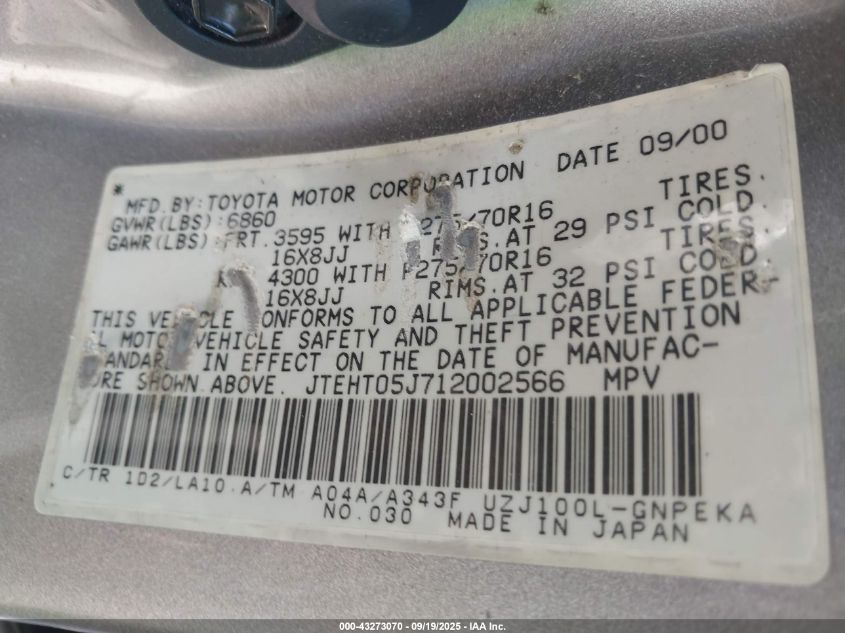 2001 Toyota Land Cruiser VIN: JTEHT05J712002566 Lot: 43273070