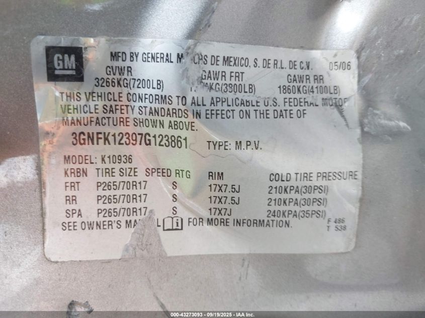 2007 Chevrolet Avalanche 1500 Lt VIN: 3GNFK12397G123861 Lot: 43273093