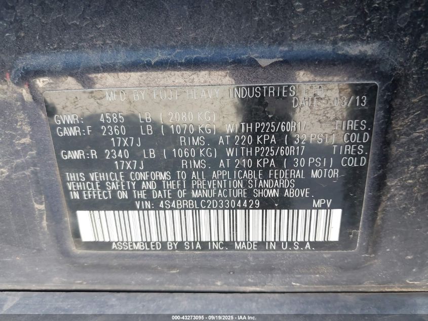 2013 Subaru Outback 2.5I Limited VIN: 4S4BRBLC2D3304429 Lot: 43273095