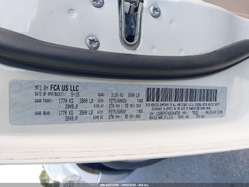 2016 Ram 1500 Laramie VIN: 1C6RR7NT4GS344722 Lot: 43273100