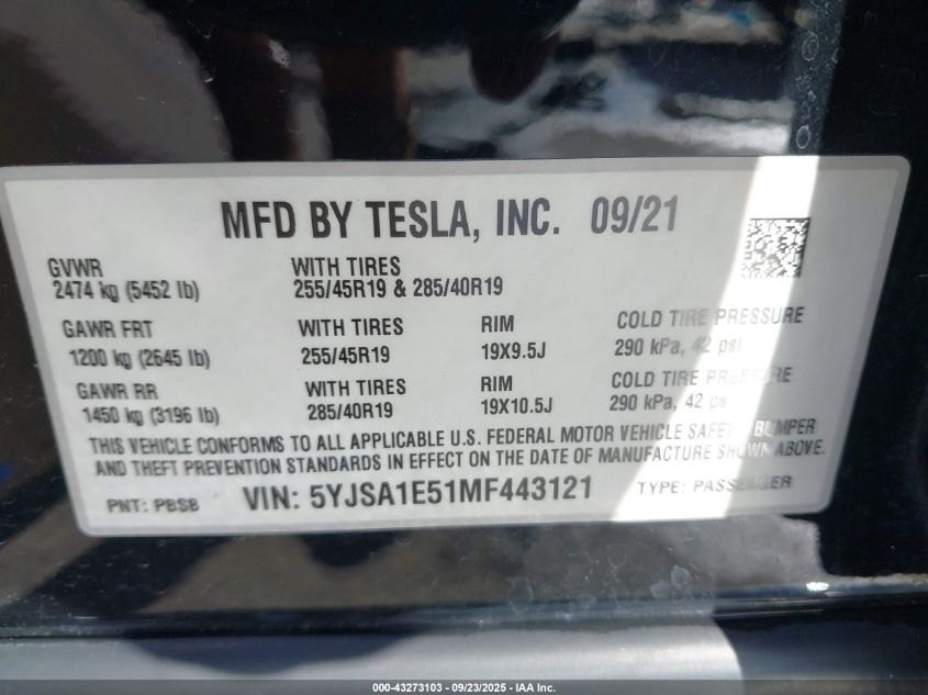 2021 Tesla Model S Long Range Dual Motor All-Wheel Drive VIN: 5YJSA1E51MF443121 Lot: 43273103