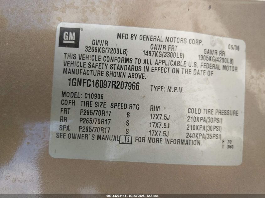 2007 Chevrolet Suburban 1500 Ls VIN: 1GNFC16097R207966 Lot: 43273114