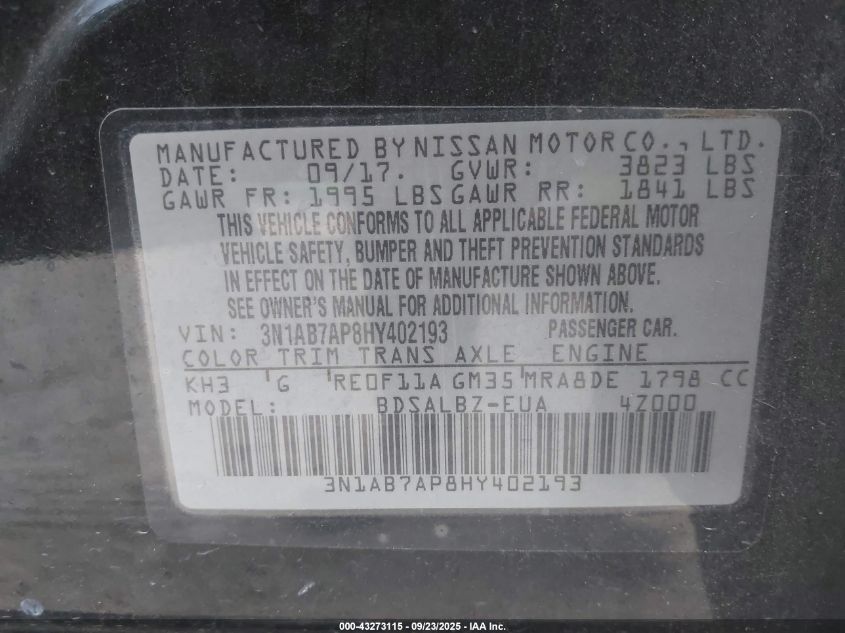 2017 Nissan Sentra S VIN: 3N1AB7AP8HY402193 Lot: 43273115