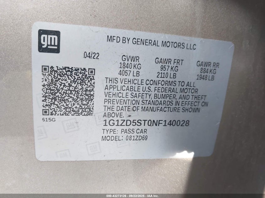 2022 CHEVROLET MALIBU FWD LT - 1G1ZD5ST0NF140028