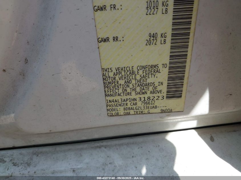 2017 Nissan Altima 2.5 S VIN: 1N4AL3AP1HN318223 Lot: 43273148