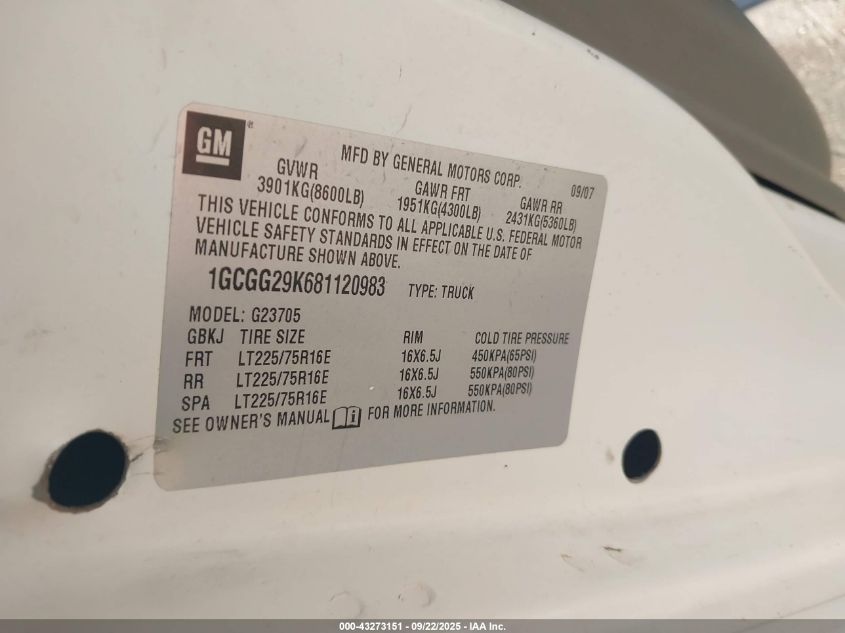 2008 Chevrolet Express Work Van VIN: 1GCGG29K681120983 Lot: 43273151