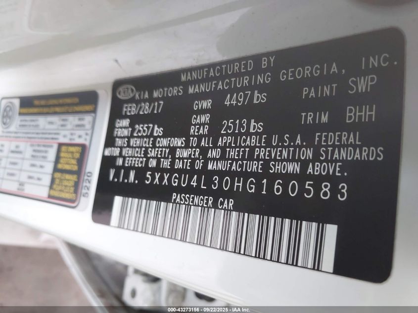 2017 Kia Optima Ex VIN: 5XXGU4L30HG160583 Lot: 43273156