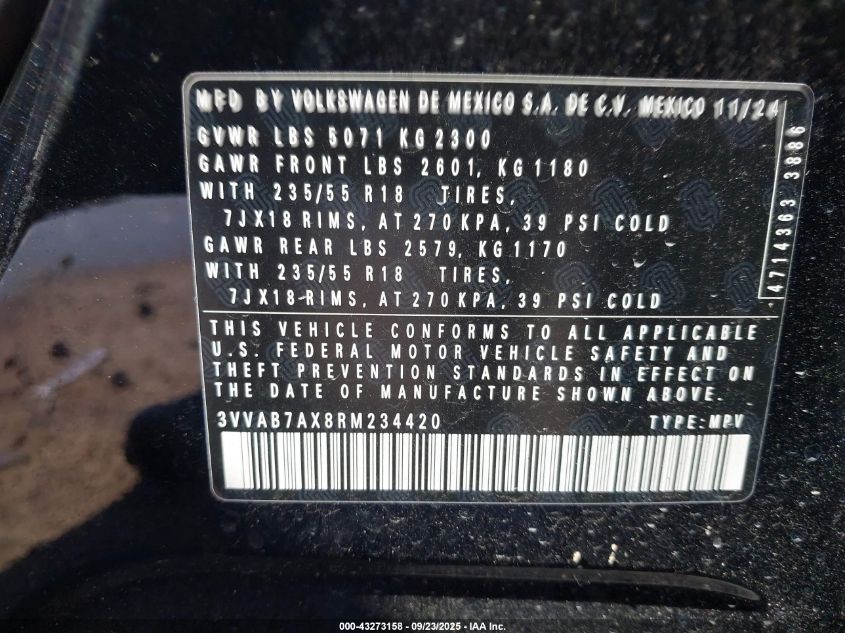 2024 Volkswagen Tiguan 2.0T Wolfsburg Edition VIN: 3VVAB7AX8RM234420 Lot: 43273158