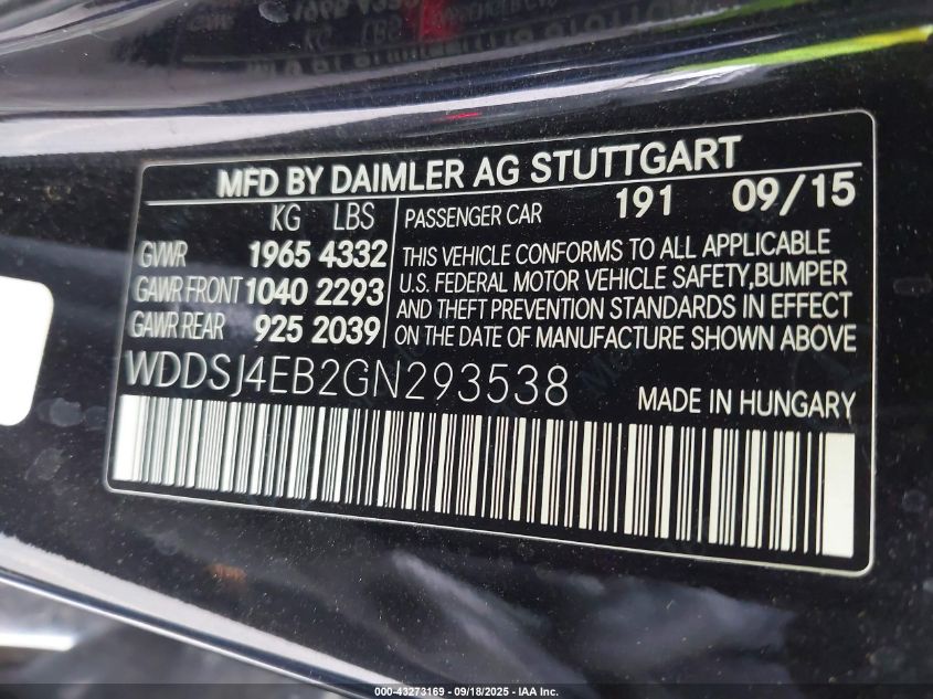 2016 Mercedes-Benz Cla 250 VIN: WDDSJ4EB2GN293538 Lot: 43273169