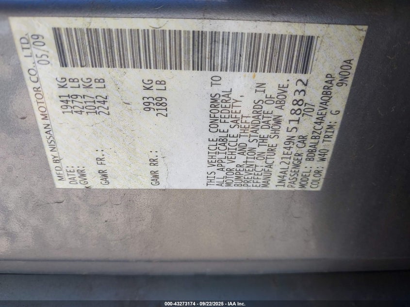 1N4AL21E49N518832 2009 NISSAN ALTIMA photo no. 9