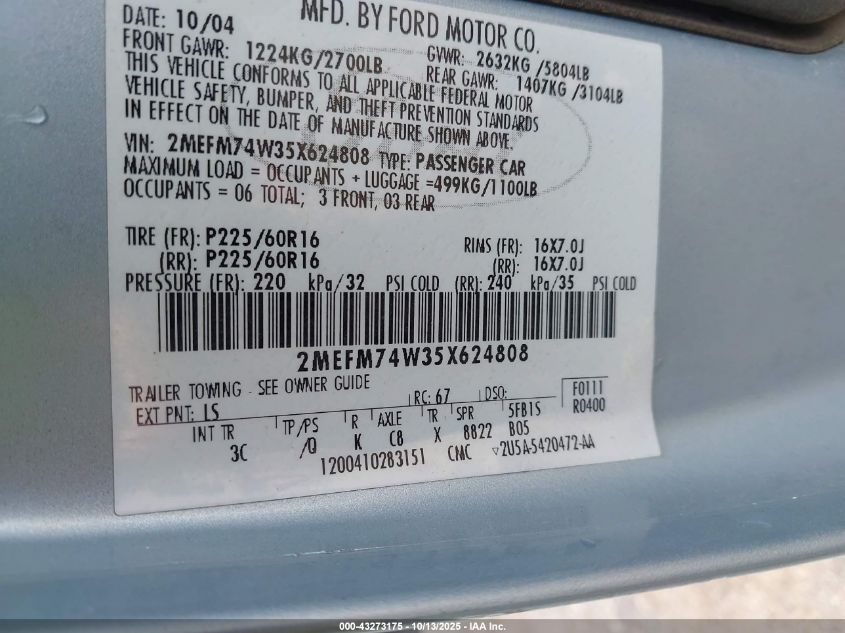 2005 Mercury Grand Marquis Gs VIN: 2MEFM74W35X624808 Lot: 43273175