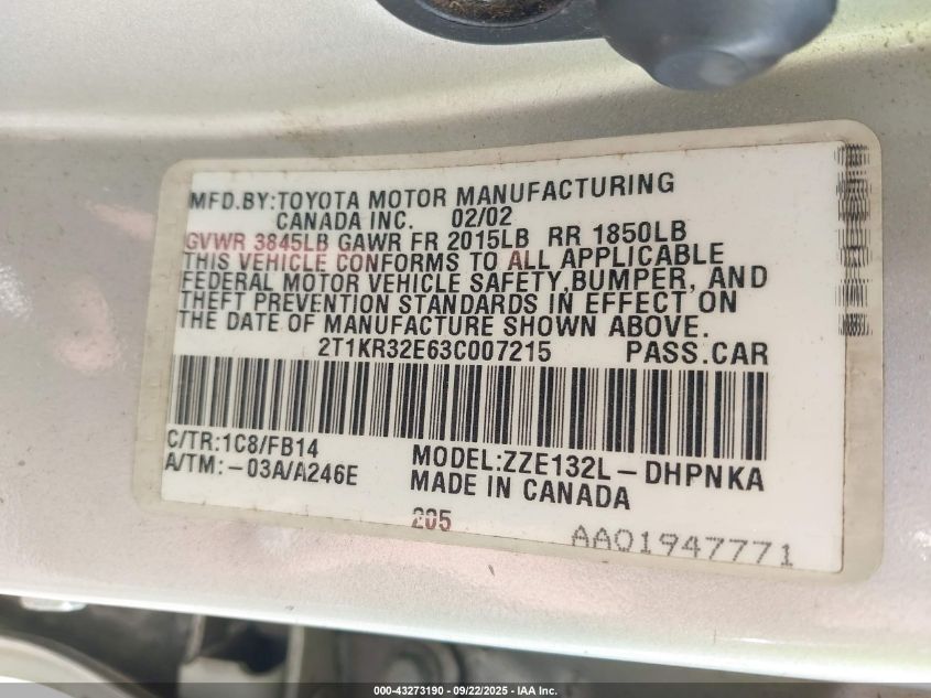 2003 Toyota Matrix Xr VIN: 2T1KR32E63C007215 Lot: 43273190