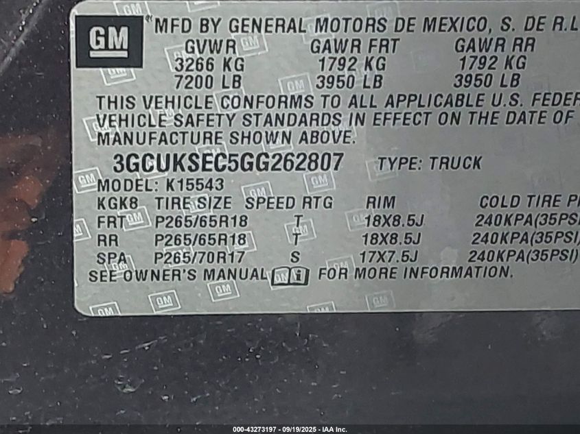 2016 Chevrolet Silverado 1500 1Lz VIN: 3GCUKSEC5GG262807 Lot: 43273197