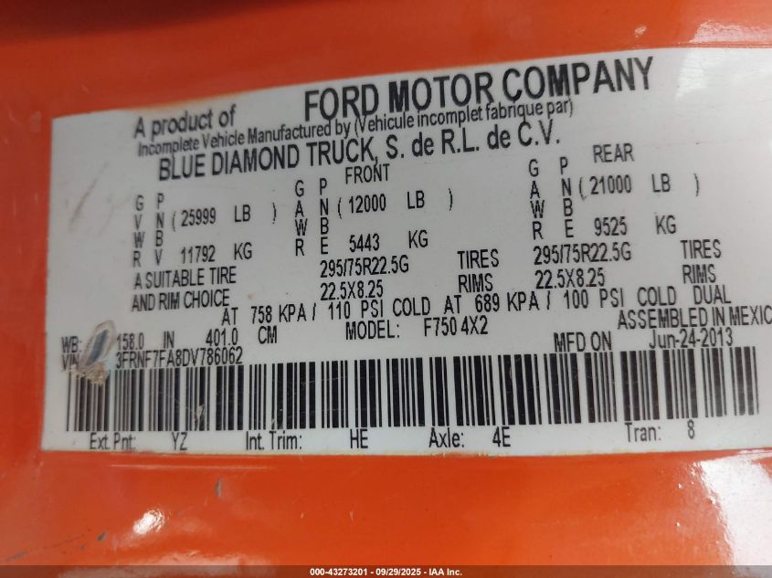 2013 Ford Super Duty F-750 Straight Frame Xl/Xlt VIN: 3FRNF7FA8DV786062 Lot: 43273201