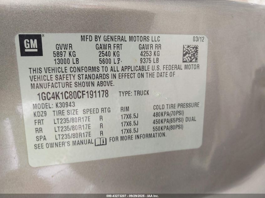 2012 Chevrolet Silverado 3500Hd Ltz VIN: 1GC4K1C80CF191178 Lot: 43273207