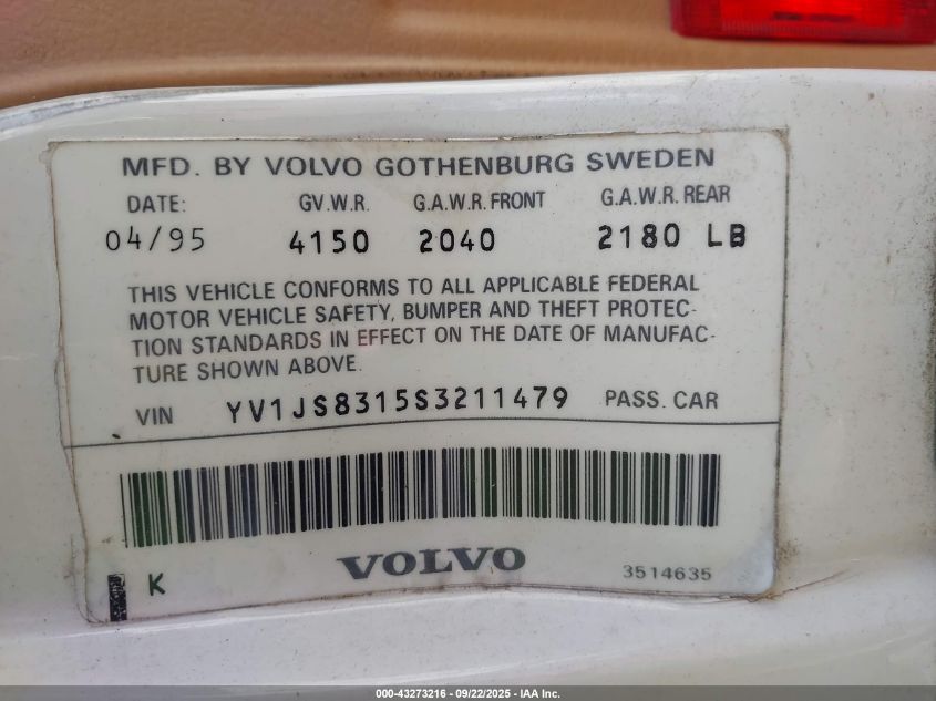 1995 Volvo 940 VIN: YV1JS8315S3211479 Lot: 43273216