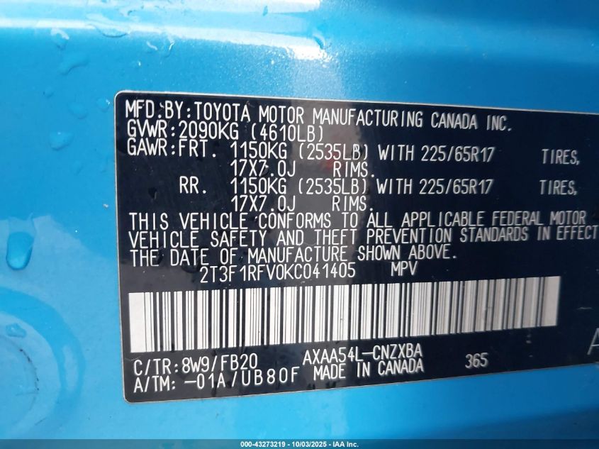 2019 Toyota Rav4 Le VIN: 2T3F1RFV0KC041405 Lot: 43273219