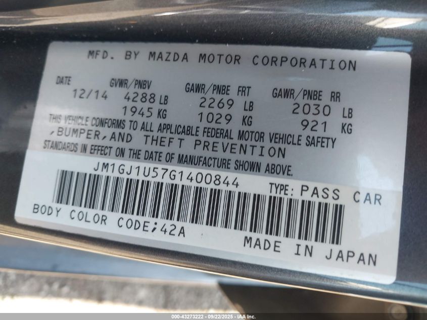 2016 Mazda Mazda6 I Sport VIN: JM1GJ1U57G1400844 Lot: 43273222