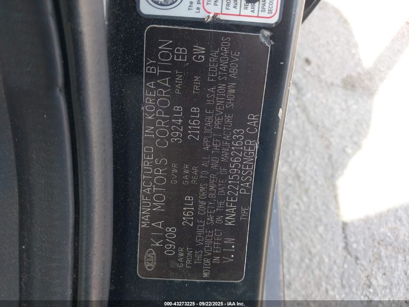 2009 Kia Spectra Lx VIN: KNAFE221595621633 Lot: 43273225