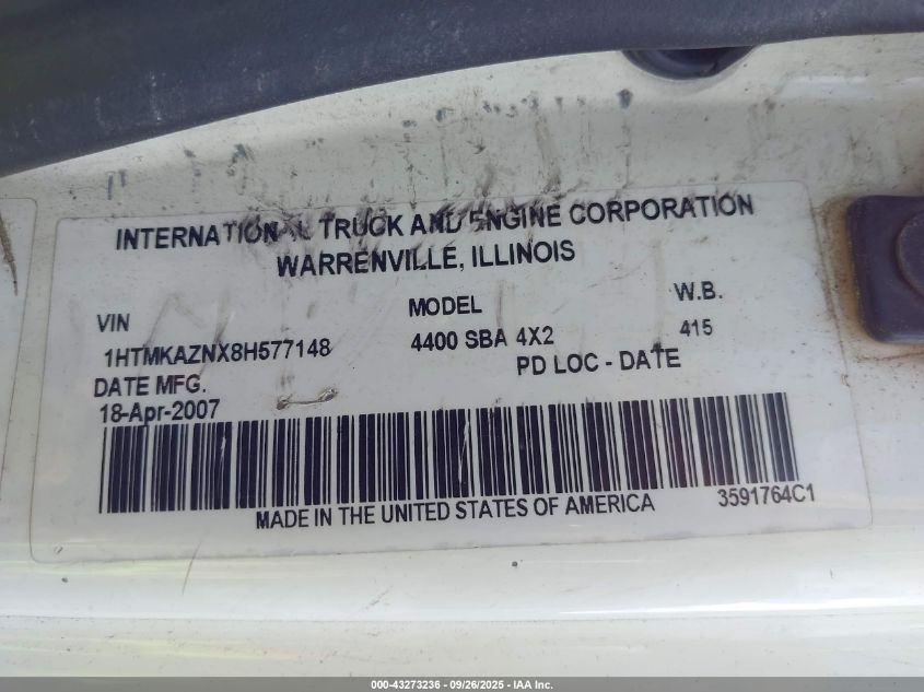 2008 International 4000 4400 VIN: 1HTMKAZNX8H577148 Lot: 43273236