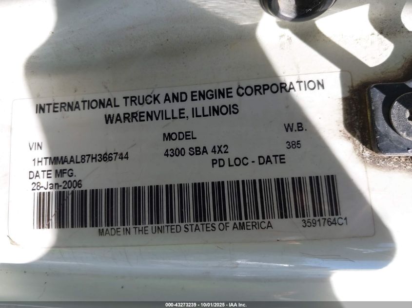 2007 International 4000 4300 VIN: 1HTMMAAL87H366744 Lot: 43273239