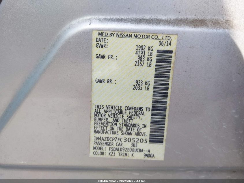 2015 Nissan Leaf Sv VIN: 1N4AZ0CP7FC305205 Lot: 43273243