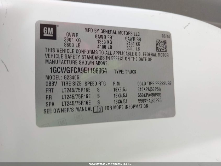 2014 Chevrolet Express 2500 Work Van VIN: 1GCWGFCA9E1198964 Lot: 43273249