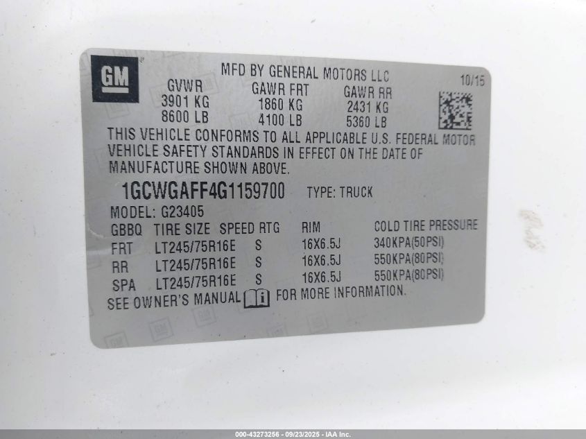 2016 Chevrolet Express 2500 Work Van VIN: 1GCWGAFF4G1159700 Lot: 43273256