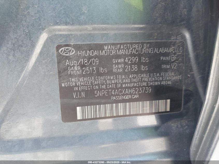 2010 Hyundai Sonata Gls VIN: 5NPET4ACXAH623739 Lot: 43273260
