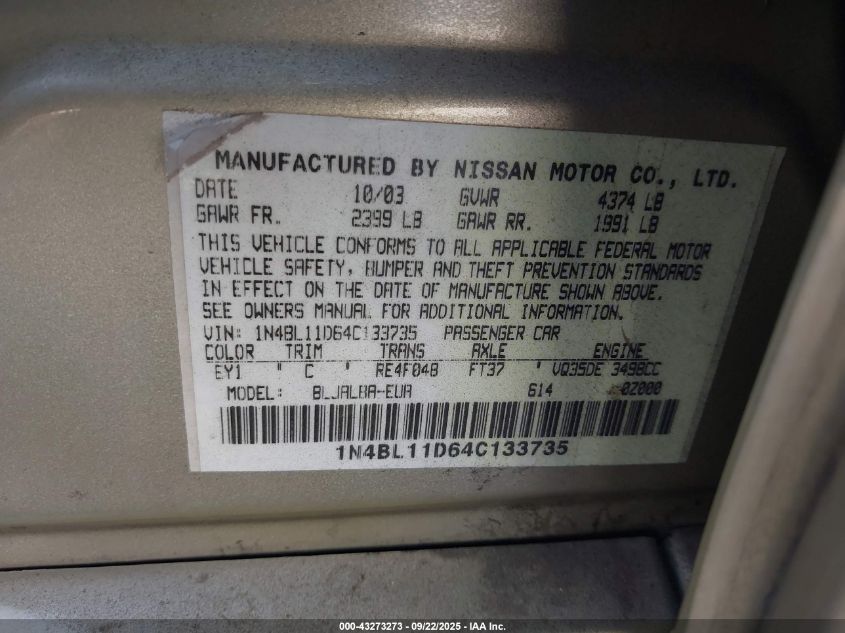 2004 Nissan Altima 3.5 Se VIN: 1N4BL11D64C133735 Lot: 43273273