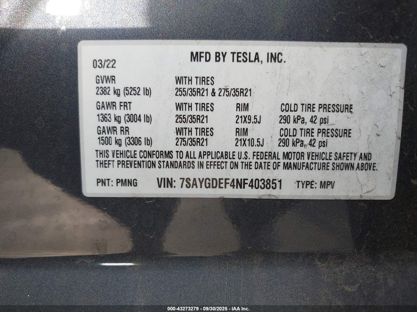 2022 TESLA MODEL Y PERFORMANCE DUAL MOTOR ALL-WHEEL DRIVE 7SAYGDEF4NF403851