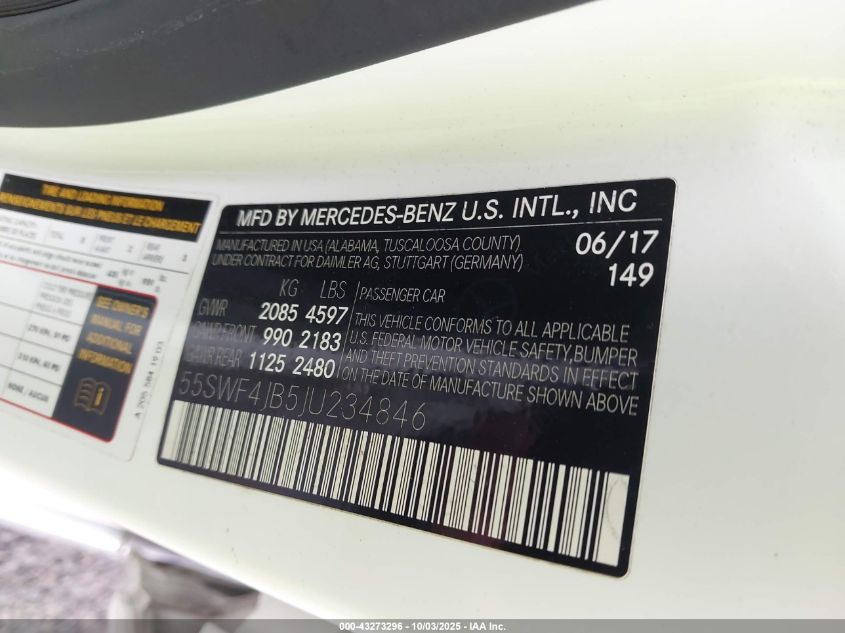 2018 Mercedes-Benz C 300 VIN: 55SWF4JB5JU234846 Lot: 43273296